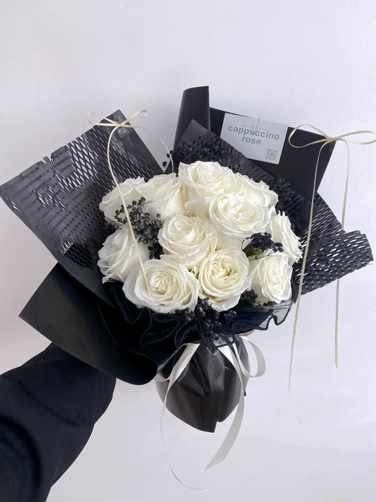 White rose with black baby's breath