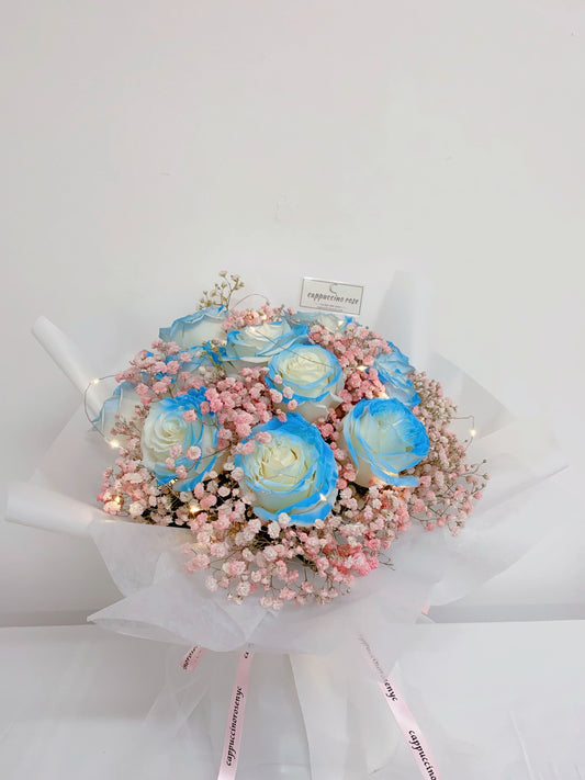 Ice blue rose with  pink Baby'breath